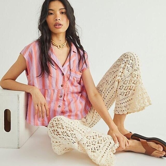 FREE PEOPLE We The Free Play It Cool Striped Linen Blend Purple Pink Boxy Shirt - Picture 1 of 8